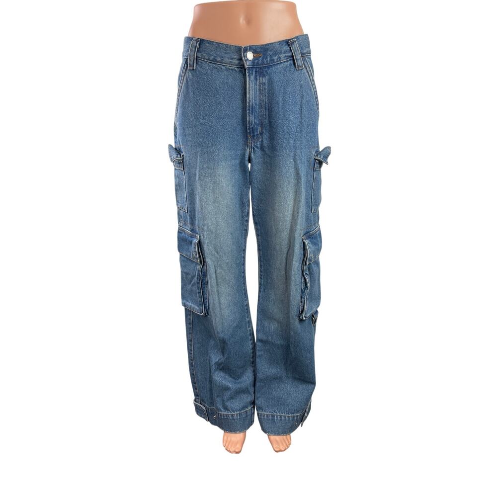 Oak + Fort Womens Blue High Waisted Straight Wide Leg Cargo Denim Jeans Pants 26